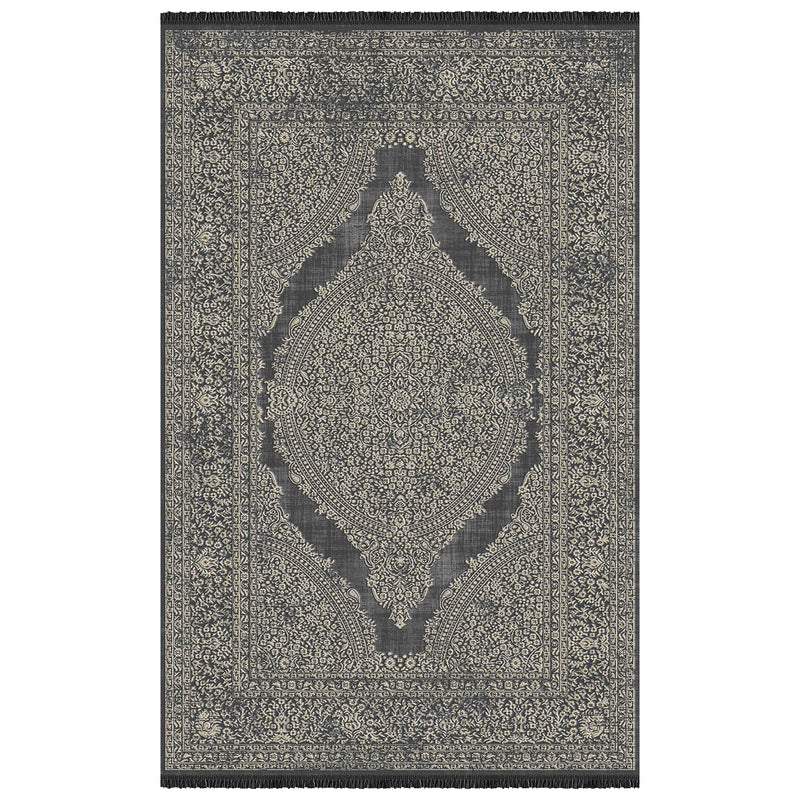 Alfombra Moderna Estilo Antigua, Gruesa, Pelo con Relieve, Color Negro con Dorado. Colección Ortakoy