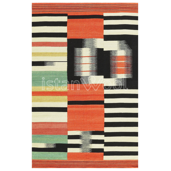 Alfombra de Lana Hecha a Mano Kilim Moderna, Gruesa, Color Naranja. Colección Makalu.
