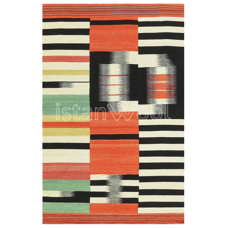 Alfombra de Lana Hecha a Mano Kilim Moderna, Gruesa, Color Naranja. Colección Makalu.