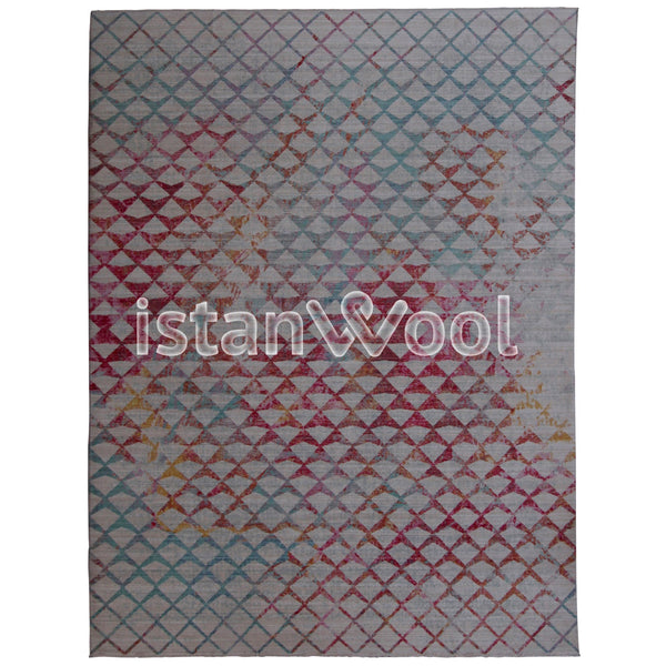 Alfombra Grande Moderna con Diseño, Pelo Corto. Celeste con Rojo. Colección Sirkeci