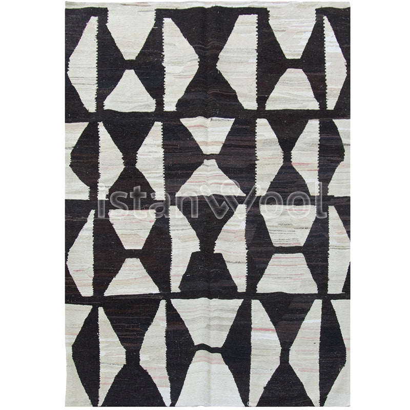 Alfombra Kilim Moderna de Lana Hecha a Mano, Color Blanca con Negro. Colección Makalu