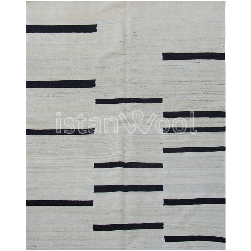 Alfombra de Lana Hecha a Mano Kilim Moderna, Gruesa, Blanca con Negro. Colección Makalu.