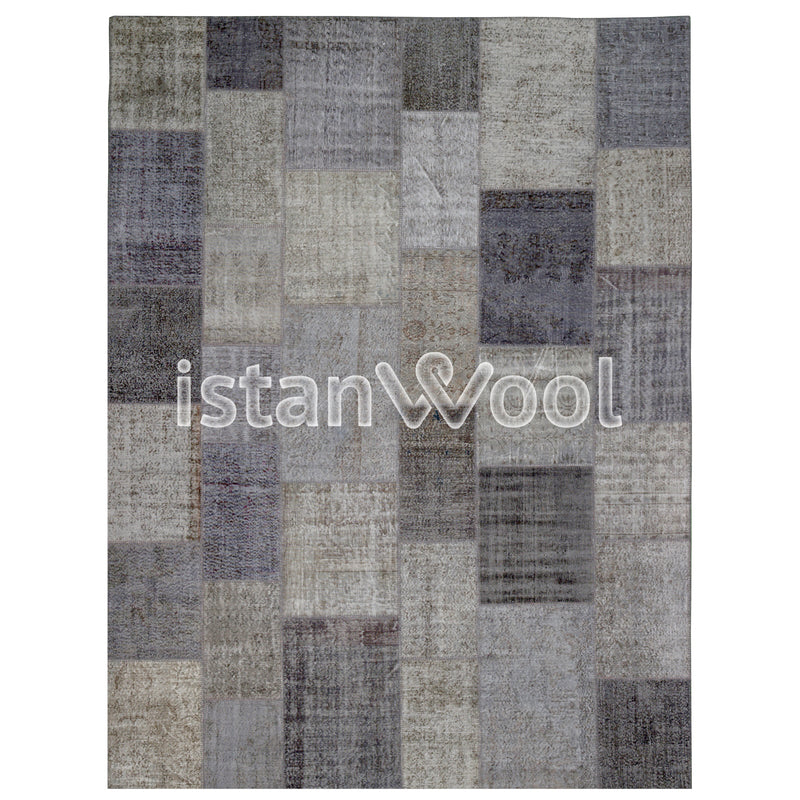 Alfombra Patchwork de Lana, Hecha a Mano, Gruesa, Color Gris. Colección Kadikoy.