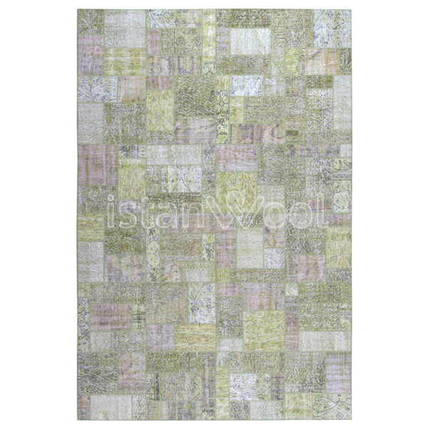 Alfombra Patchwork de Lana, Hecha a Mano, Gruesa, Verde. Colección Kadikoy.
