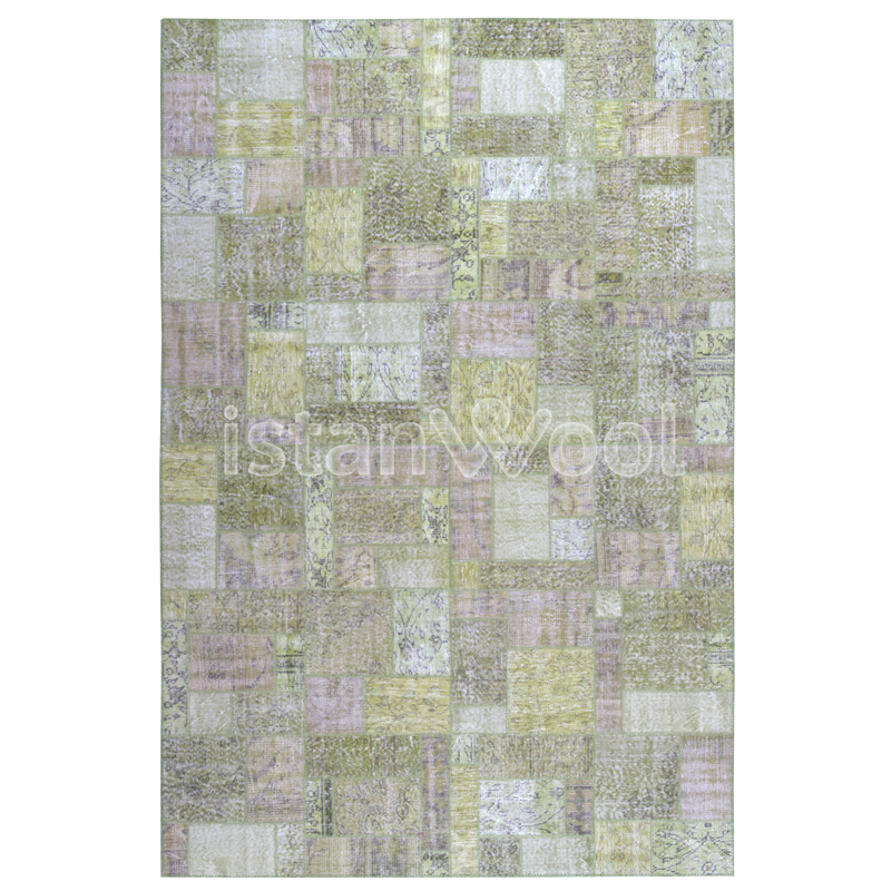 Alfombra Patchwork de Lana, Hecha a Mano, Gruesa, Verde. Colección Kadikoy.