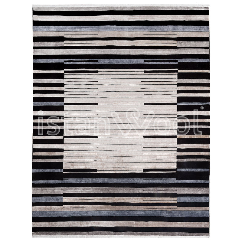 Alfombra Grande Premium Moderna, Gruesa, Pelo con Relieve, Negra con Blanco y Café. Colección Emirgan