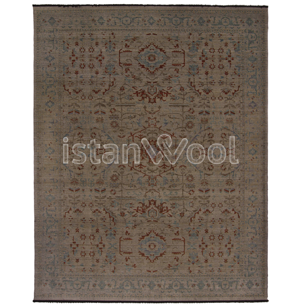 Alfombra Grande Moderna Estilo Antiguo, Pelo Corto, Color Café con Celeste y Rojo. Colección Sirkeci