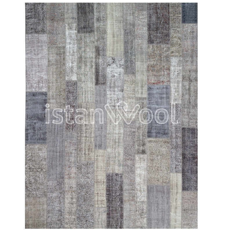 Alfombra Patchwork de Lana, Hecha a Mano, Gruesa, Color Gris. Colección Kadikoy.