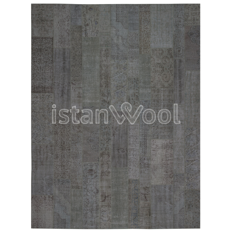 Alfombra Patchwork de Lana, Hecha a Mano, Gruesa, Color Verde. Colección Kadikoy.