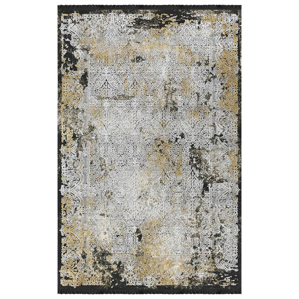Alfombra Moderna Estilo Antiguo, Gruesa, Pelo con Relieve, Color Negro con Dorado. Colección Ortakoy