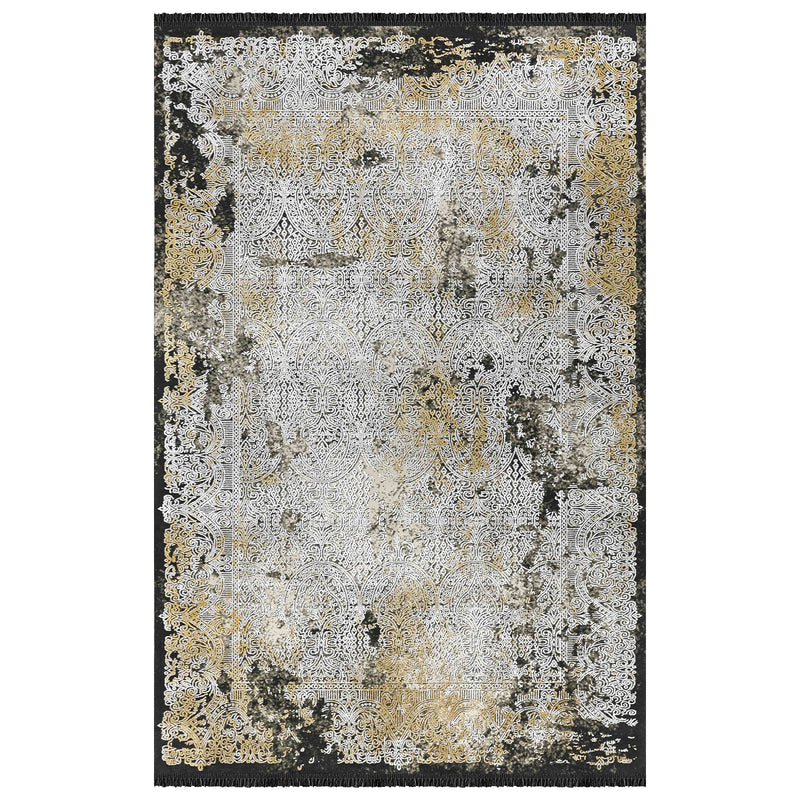 Alfombra Moderna Estilo Antiguo, Gruesa, Pelo con Relieve, Color Negro con Dorado. Colección Ortakoy