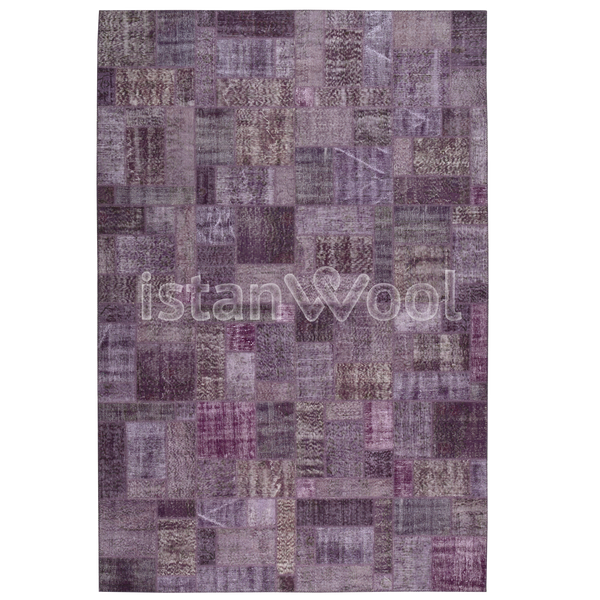 Alfombra Patchwork de Lana, Hecha a Mano, Gruesa, Morada. Colección Kadikoy.