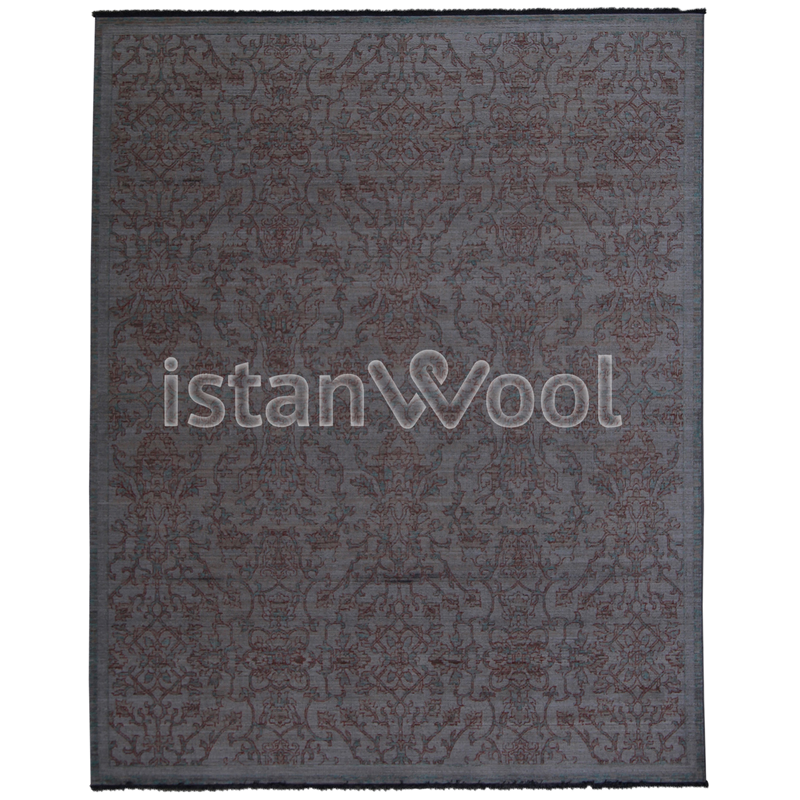 Alfombra Grande Moderna Estilo Antiguo, Pelo Corto. Color Gris con Celeste y Rojo. Colección Sirkeci