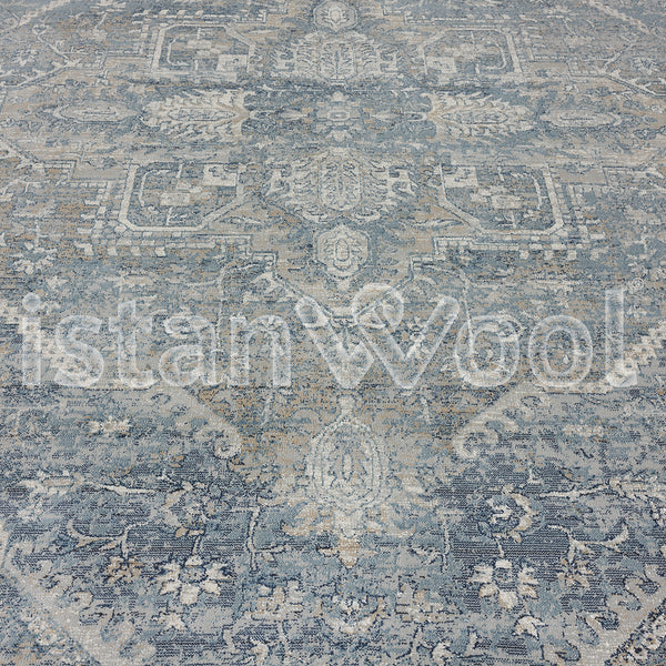 Alfombra Moderna Estilo Antiguo, Gruesa, Pelo Corto, Gris y Azul.  Colección Riva.