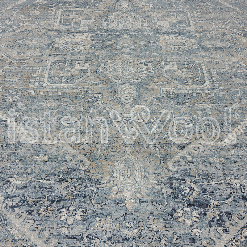 Alfombra Moderna Estilo Antiguo, Gruesa, Pelo Corto, Gris y Azul.  Colección Riva.