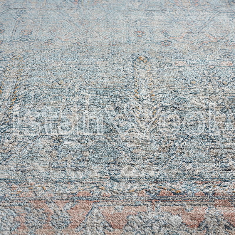 Alfombra Moderna Estilo Antiguo, Gruesa, Pelo con Relieve, Color Azul y Naranja. Colección Riva.