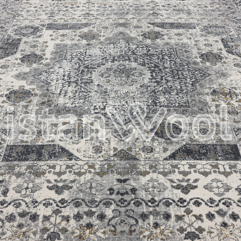 Alfombra Grande Moderna con Diseño Estilo Antiguo, Gruesa, Pelo con Relieve, Color Gris. Colección Ulus.