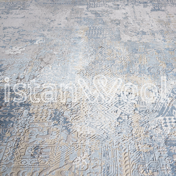 Alfombra Grande Moderna, Gruesa, Pelo con Relieve, Beige y Celeste. Colección Bebek.