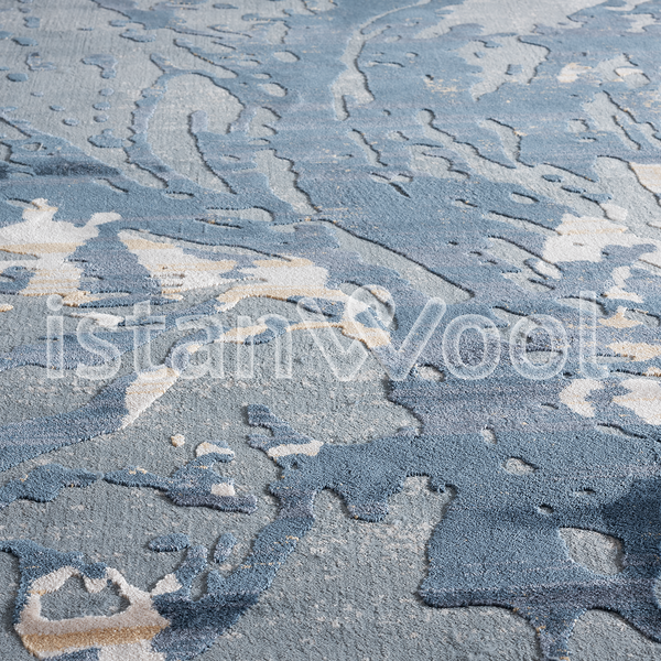 Alfombra Moderna con Diseño, Gruesa, Pelo con Relieve, Color Azul con Amarillo. Colección Ulus.