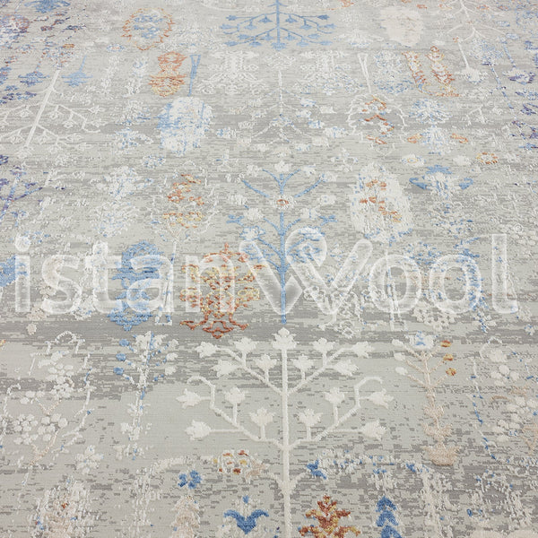 Alfombra Grande Moderna con Diseño Antiguo, Gruesa, Pelo con Relieve, Color Azul con Naranja. Colección Ulus.