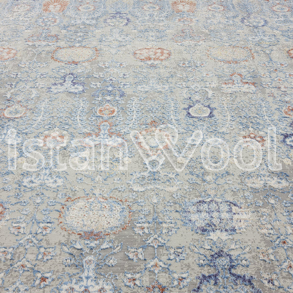 Alfombra Grande Moderna con Diseño Antiguo, Gruesa, Pelo con Relieve, Color Azul con Naranja. Colección Ulus.