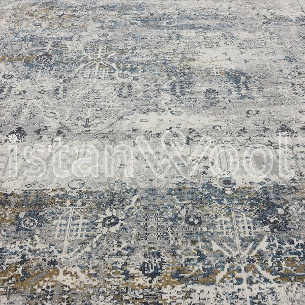 Alfombra Grande Moderna con Diseño Antiguo, Gruesa, Pelo con Relieve, Color Gris con Azul. Colección Ulus.