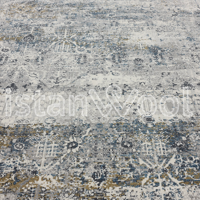 Alfombra Grande Moderna con Diseño Antiguo, Gruesa, Pelo con Relieve, Color Gris con Azul. Colección Ulus.