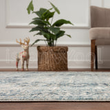 Alfombra Moderna Estilo Antiguo, Gruesa, Pelo Corto, Celeste con Gris. Colección Riva.