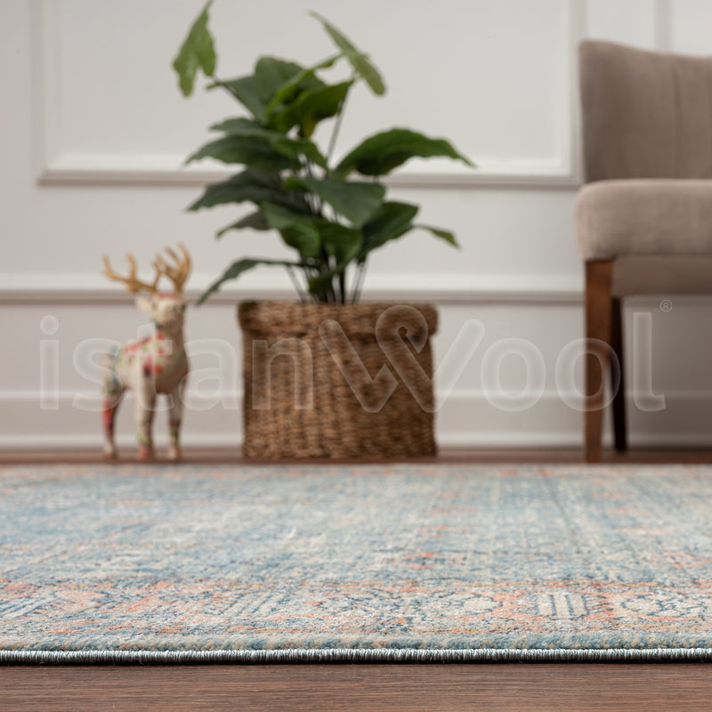 Alfombra Moderna Estilo Antiguo, Gruesa, Pelo con Relieve, Color Azul y Naranja. Colección Riva.